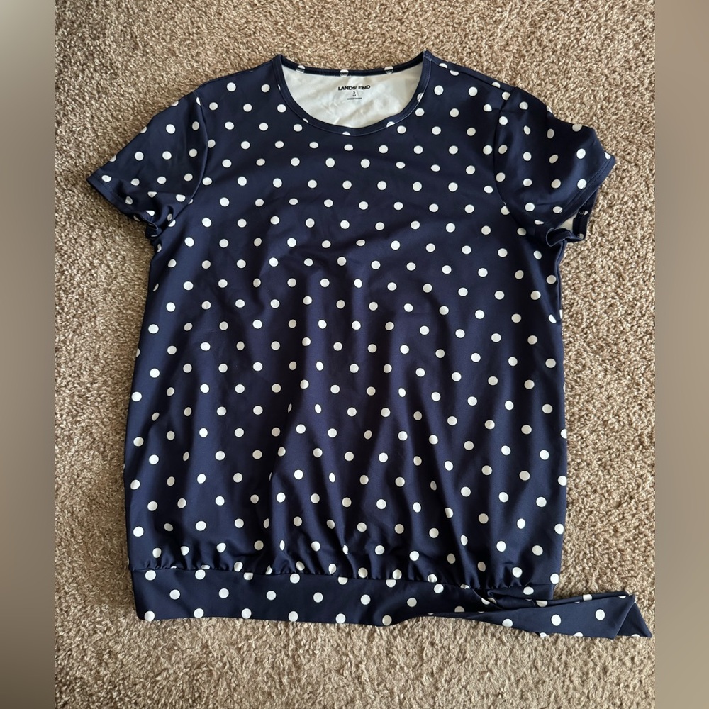 Lands' End Women's Navy White Dot Crew Neck Rash Guard UPF 50 Swim Tee - S